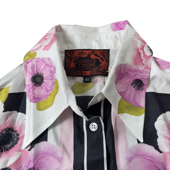 NEW Gentile Catone Merini Floral Silk Button Front Blouse - Picture 3 of 13